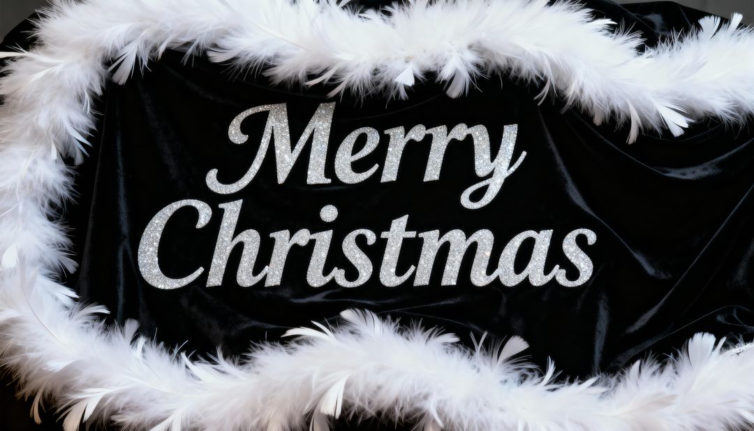 Glittery Merry Christmas Script on Black Velvet Backdrop Featuring White Feather Boa