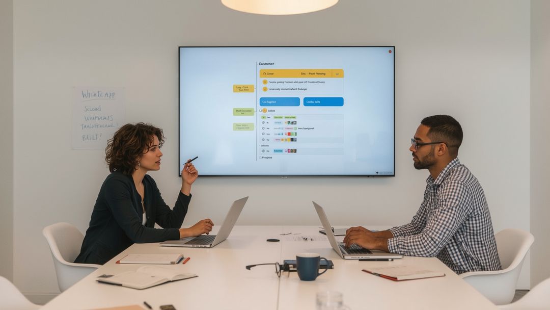 Office professionals collaborating on project with laptops and screen  for website designs