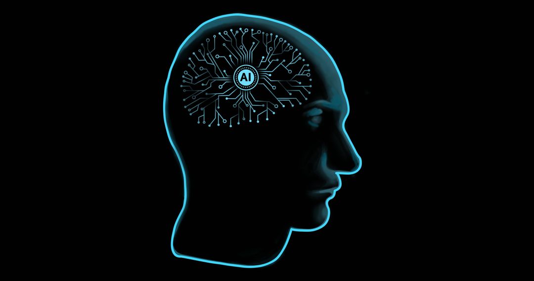 Digital AI Circuitry in Human Head Outline on Black Background