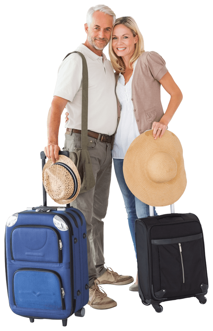 Cheerful Mature Couple with Luggage Preparing for Travel, Transparent Background