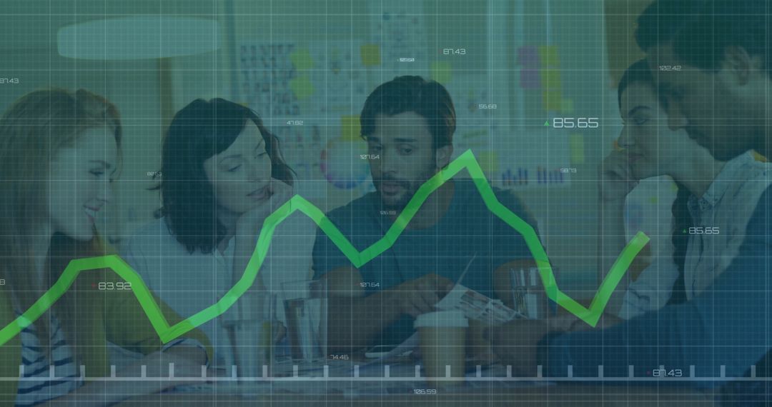 Diverse Team Collaborating with Data Graphics Overlay