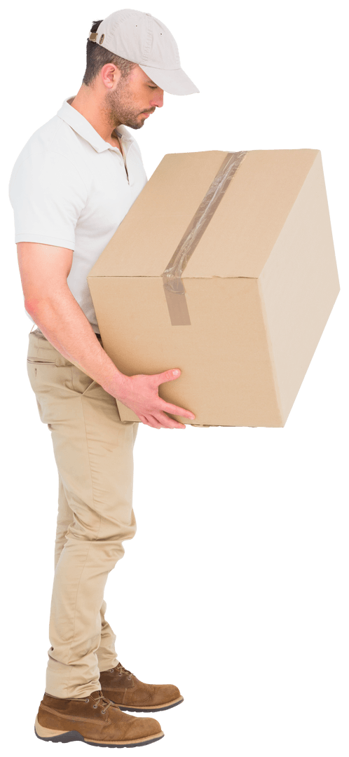 Transparent Delivery Man Holding Cardboard Box side.FObservain edfocused on Package 90% CMNT