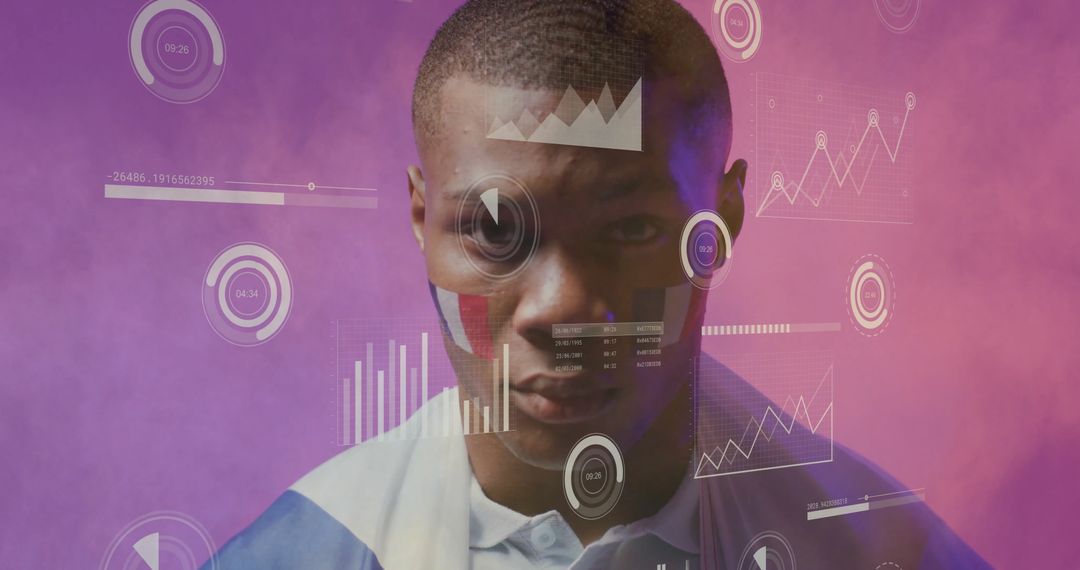 Enthusiastic Sports Fan with Digital Charts and Data Interface