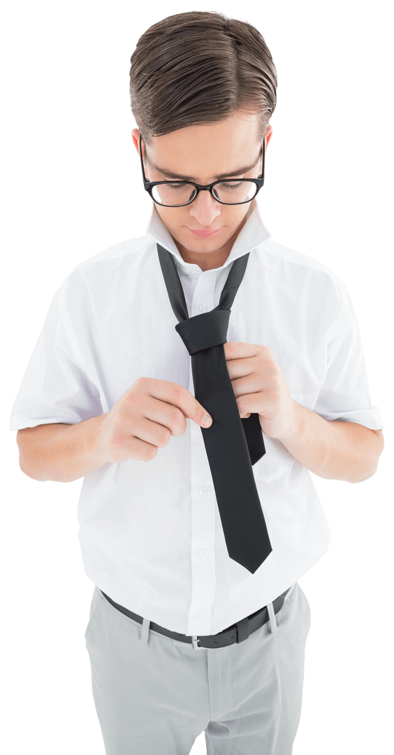 Man with Glasses Tying Tie on Transparent Background