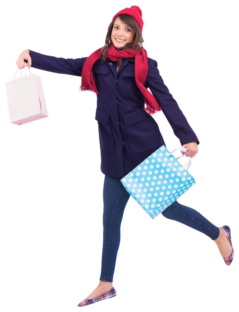 Festive Brunette Wearing Winter Clothes Holding Shopping Bags On Transparent Background - Download Free Stock Images Pikwizard.com