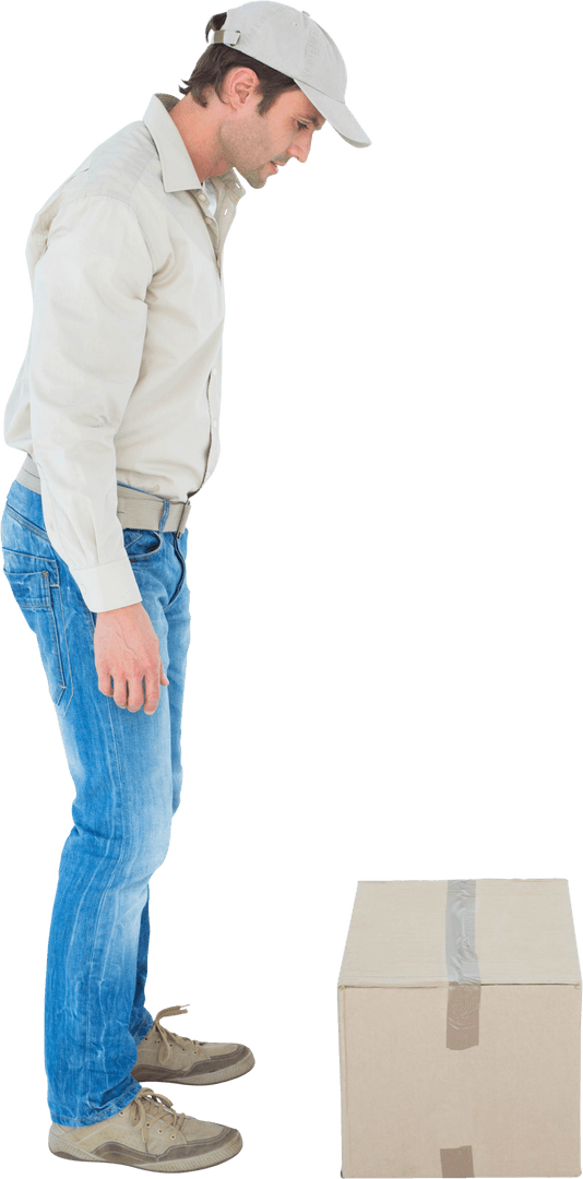 Courier in Uniform Contemplating Sealed Package Transparent