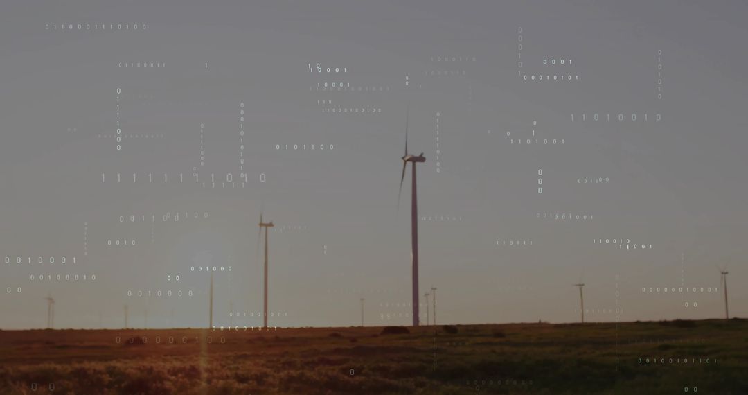 Futuristic Wind Turbines with Binary Overlay at Sunset