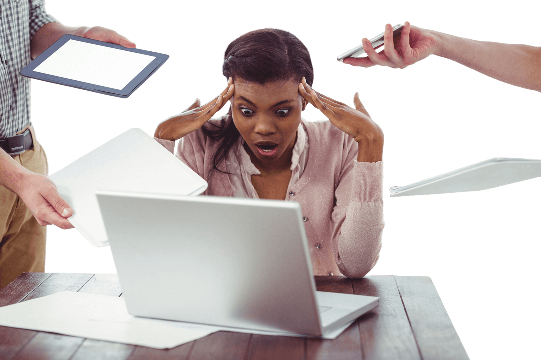 Transparent Image of Overworked Woman with Gadgets Hovering