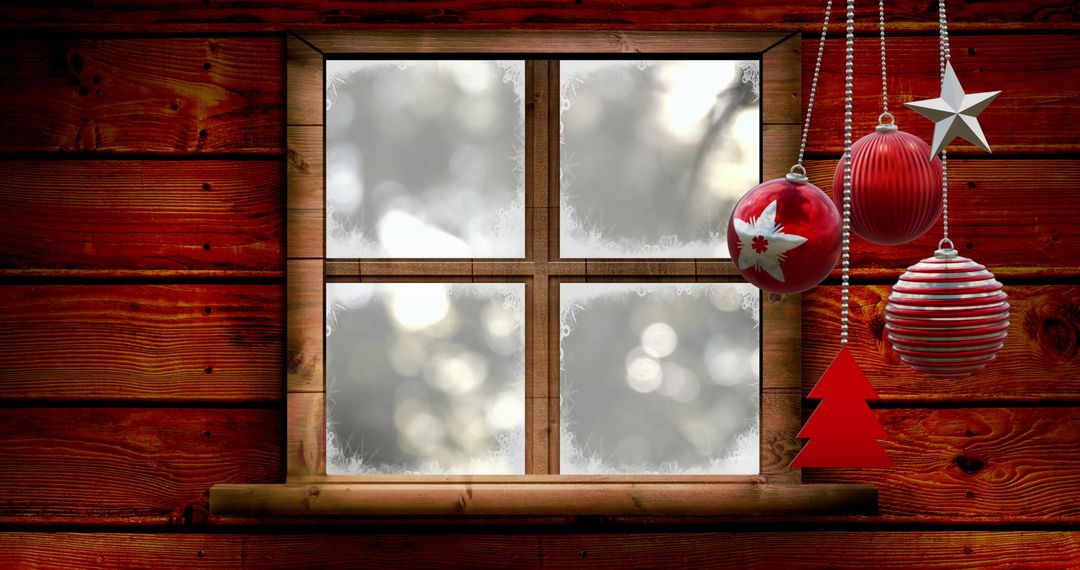 Festive Christmas Ornaments Hanging by Frosted Wooden Window - Free Images, Stock Photos and Pictures on Pikwizard.com