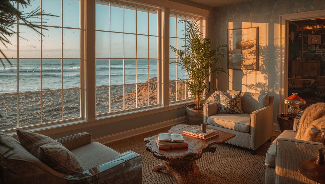 Sunlit Beachfront Living Room with Cozy Armchairs and Ocean View at Golden Hour