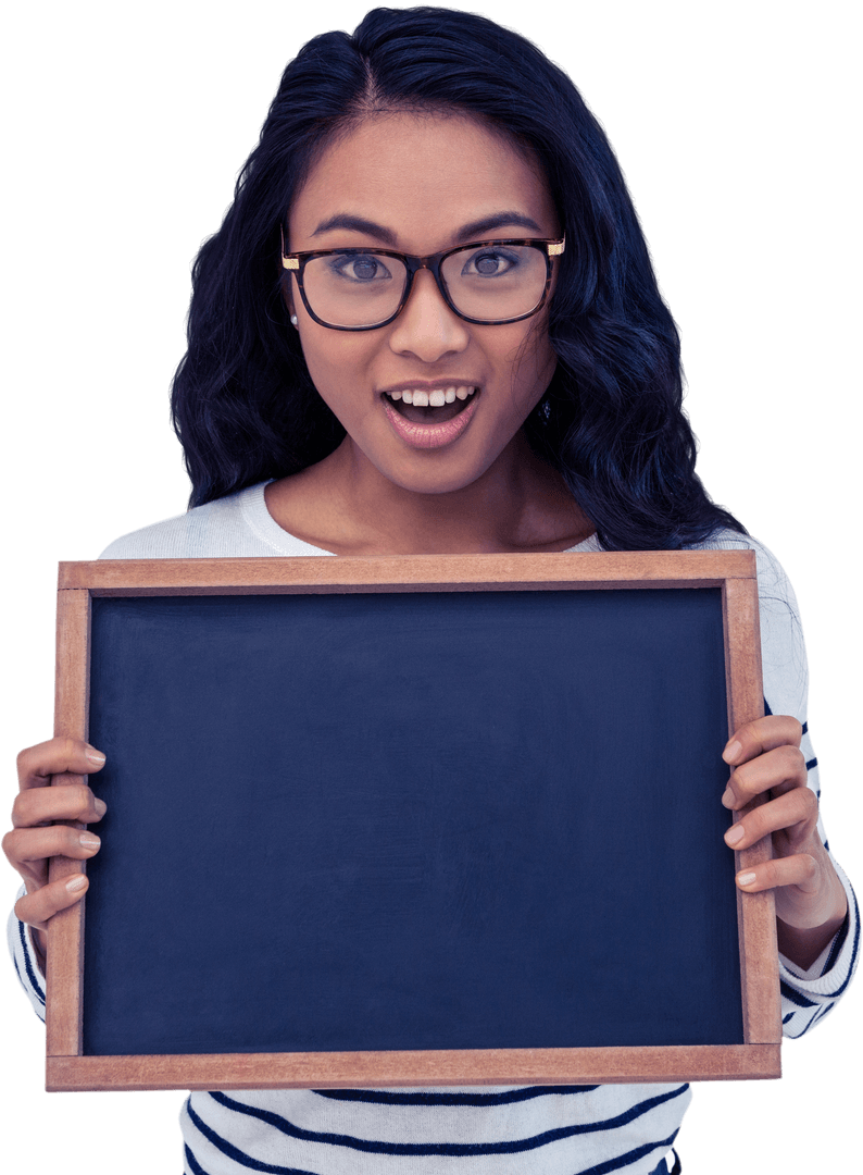 Surprised Asian Woman Holding Empty Blackboard Transparent Background