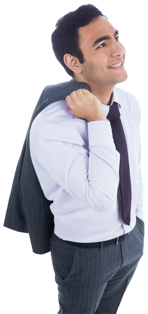 Smiling Businessman with Suit Over Shoulder on Transparent Background