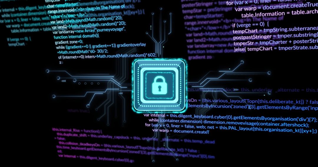 Neon Padlock Icon with Circuit Lines Representing Cybersecurity Encryption