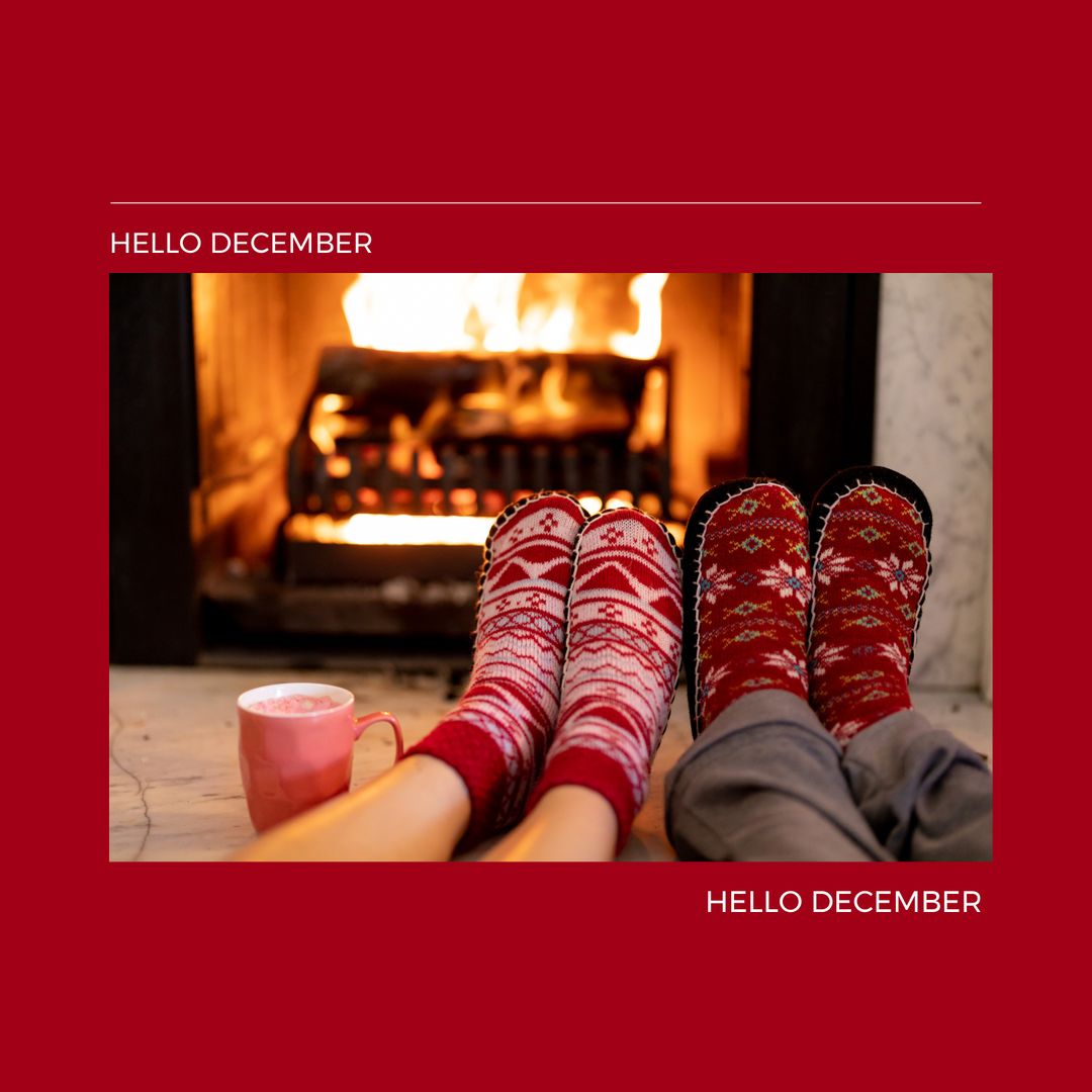 Cozy Winter Socks in Front of Warm Fireplace with Hot Drink