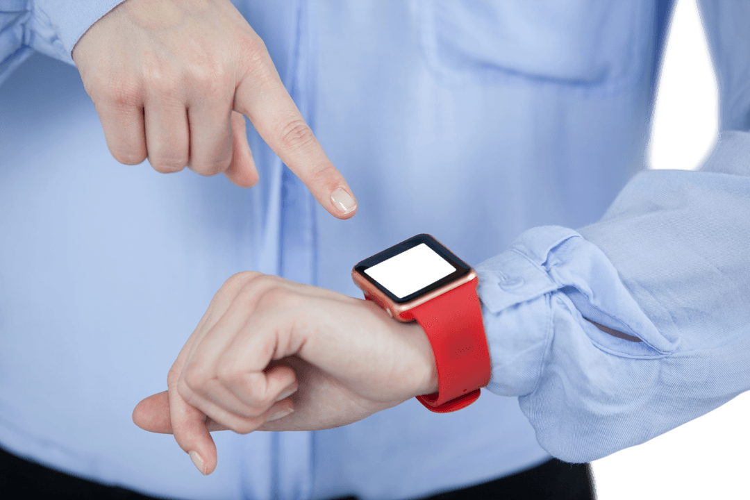 Woman Wearing Transparent Smartwatch Pointing at Screen