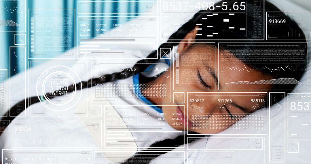 Sleeping Teen with Futuristic HUD Overlay Showing Sleep Tracking and Wellness Tech