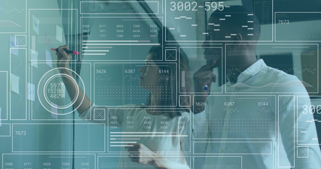 Team Analyzing Data on Whiteboard with Futuristic Interface Overlays