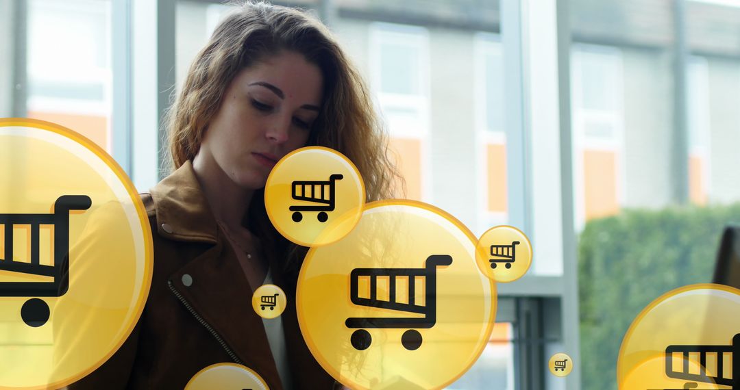 Woman Shopping Online with Digital Shopping Cart Icons