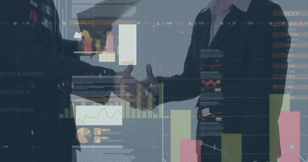 Business deal with financial data overlay in office environment