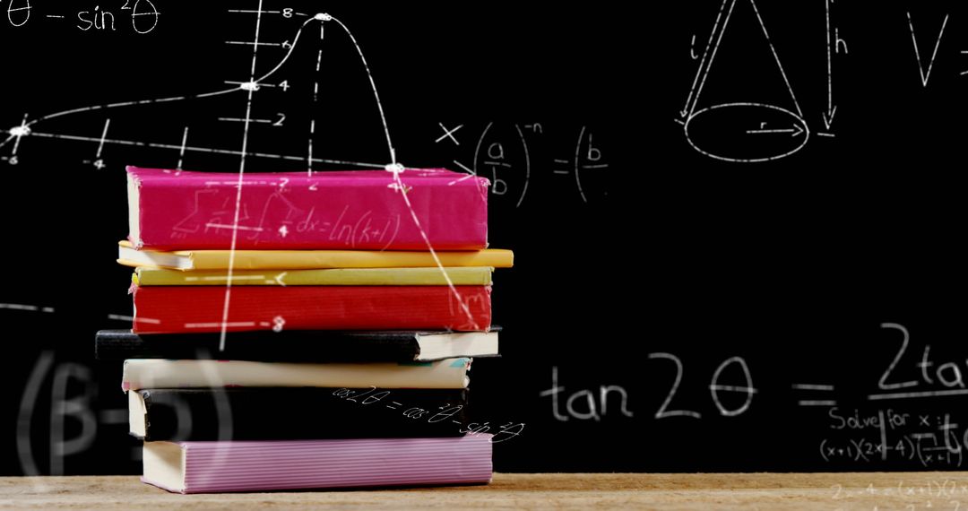 Books with Floating Math Equations on Chalkboard Background