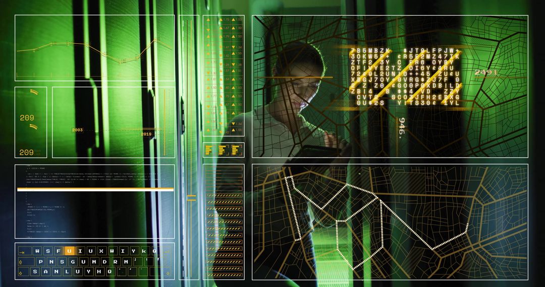 Woman Using Handheld Device Analyzing Data in Futuristic Server Room