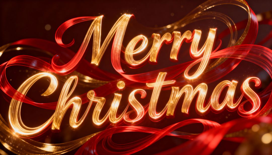 Golden Calligraphy Merry Christmas Lettering with Flowing Red Ribbons and Luxurious Glow