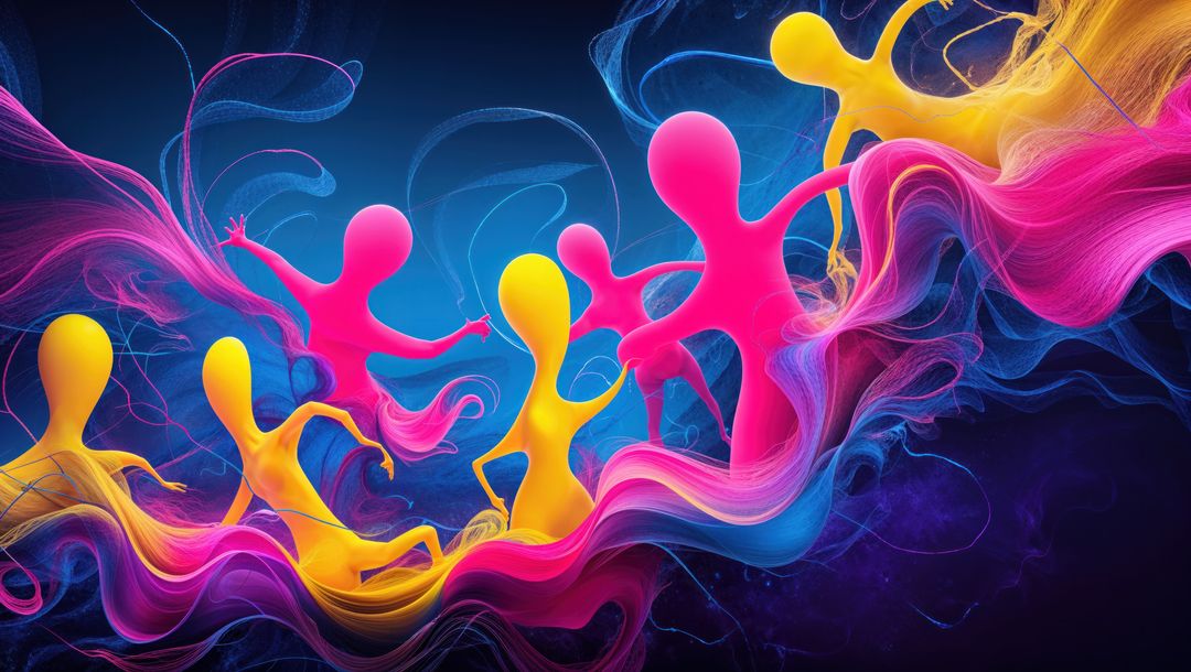 Vibrant neon figures with colorful ribbons in crazy futuristic digital scene