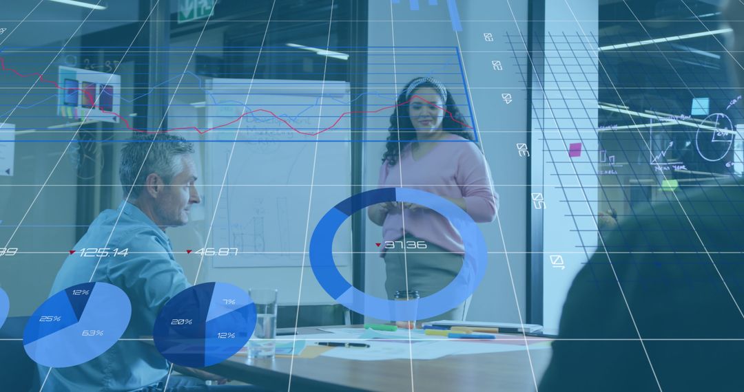 Diverse Team Discussing Business Metrics with Data Analysis Overlay