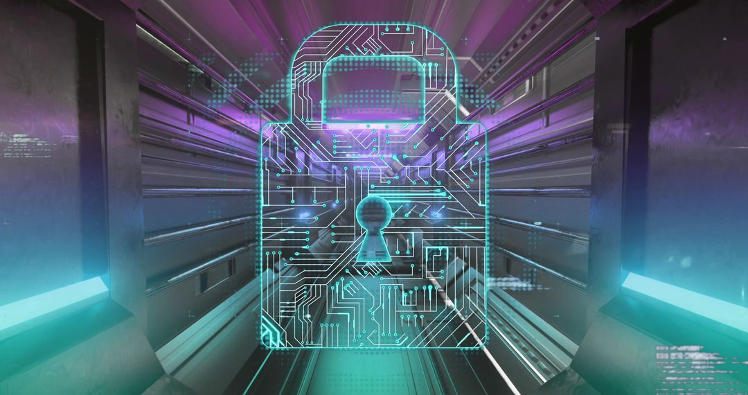 Digital Network Security Symbolized by Glowing Padlock in Cyber Tunnel