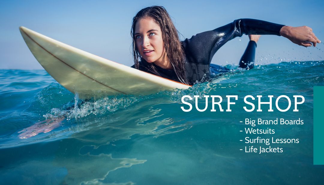 Female Surfer Paddling in Ocean with Surfboard, Promoting Surf Shop - Download Free Stock Templates Pikwizard.com