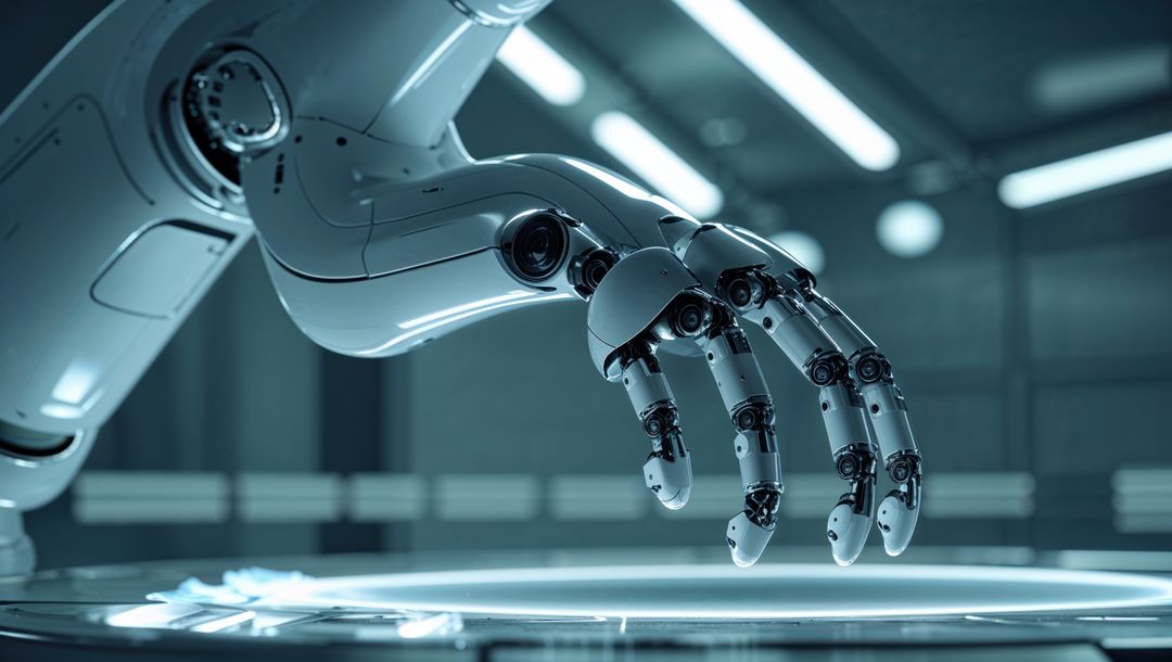 Robotic Arm Hovering Over Lit Platform in Futuristic Laboratory