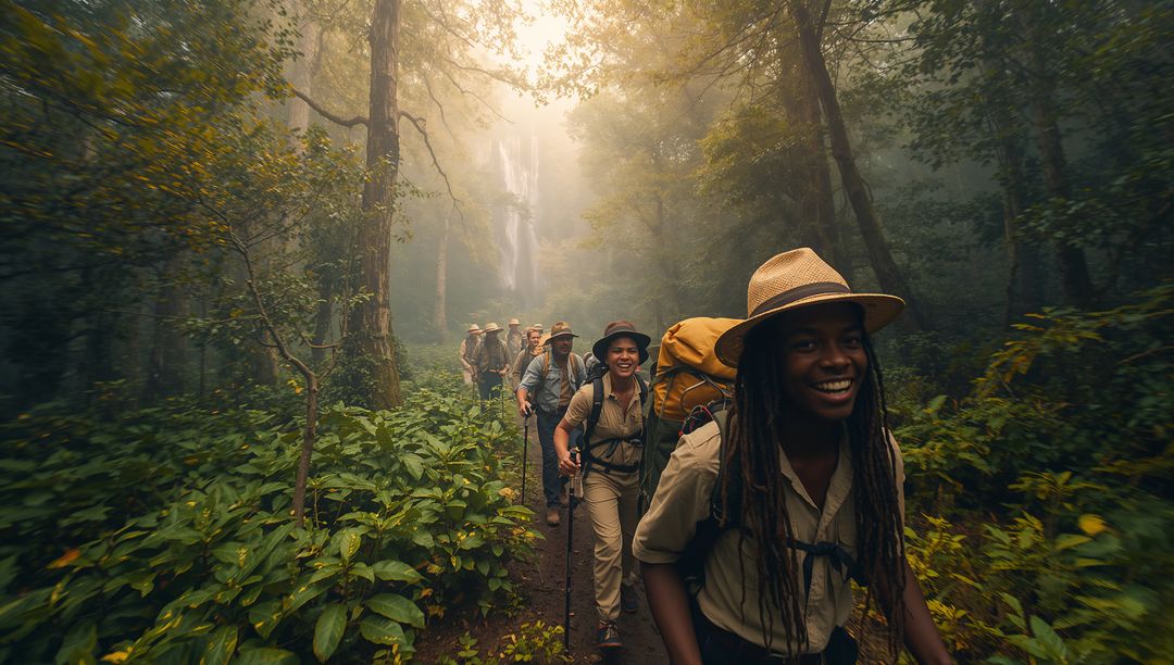 Leading hiker with long locs wearing wide hat guiding group toward misty waterfall