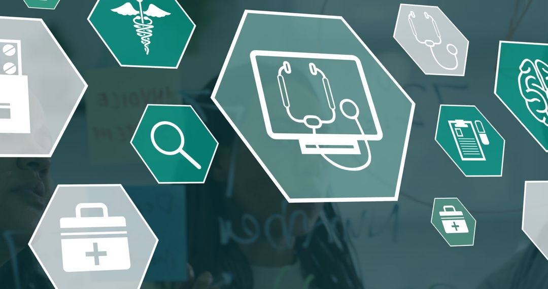 Medical and Technology Icons Overlaid on Collaborative Work Environment