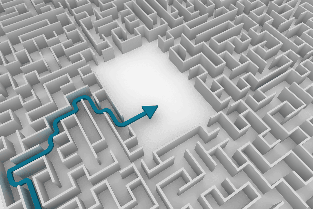 Blue Arrow Navigating White Labyrinth on Transparent Black Base