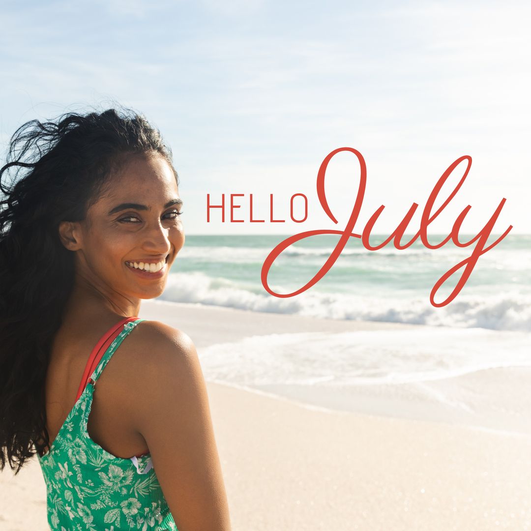 Smiling Woman on Sunny Beach with Hello July Text Overlay