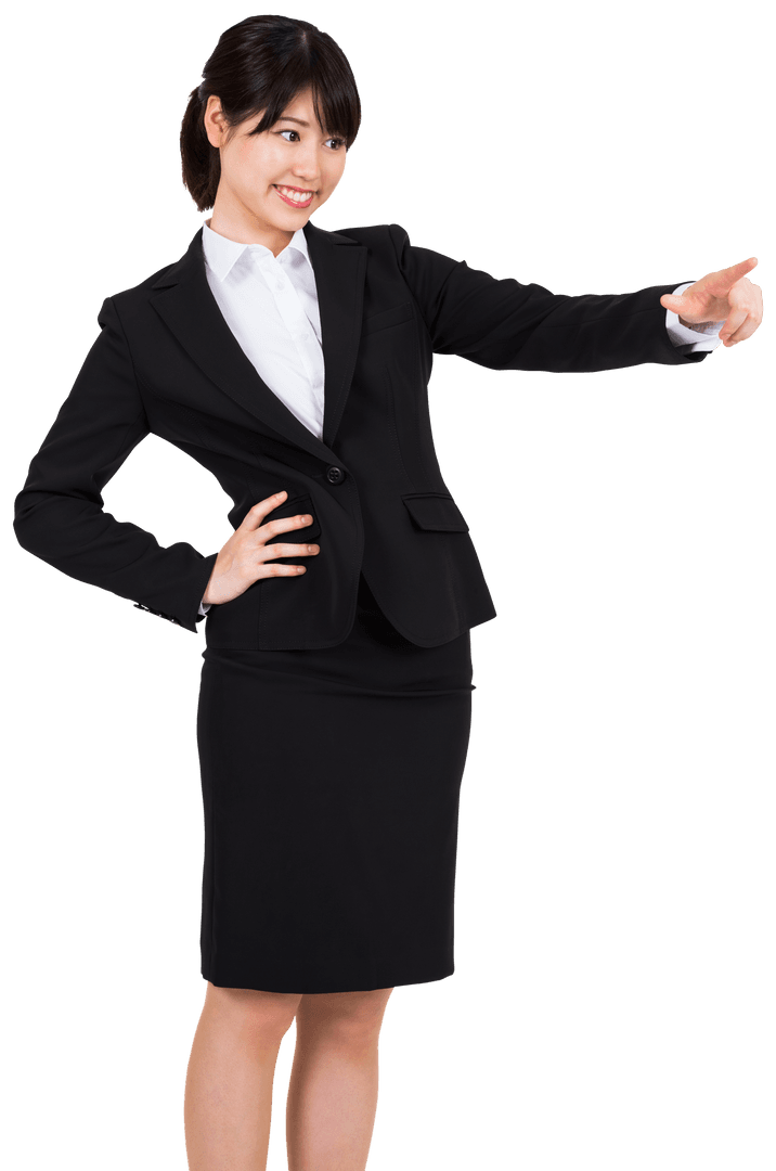 Confident Asian Businesswoman Pointing in Professional Attire on Transparent Background