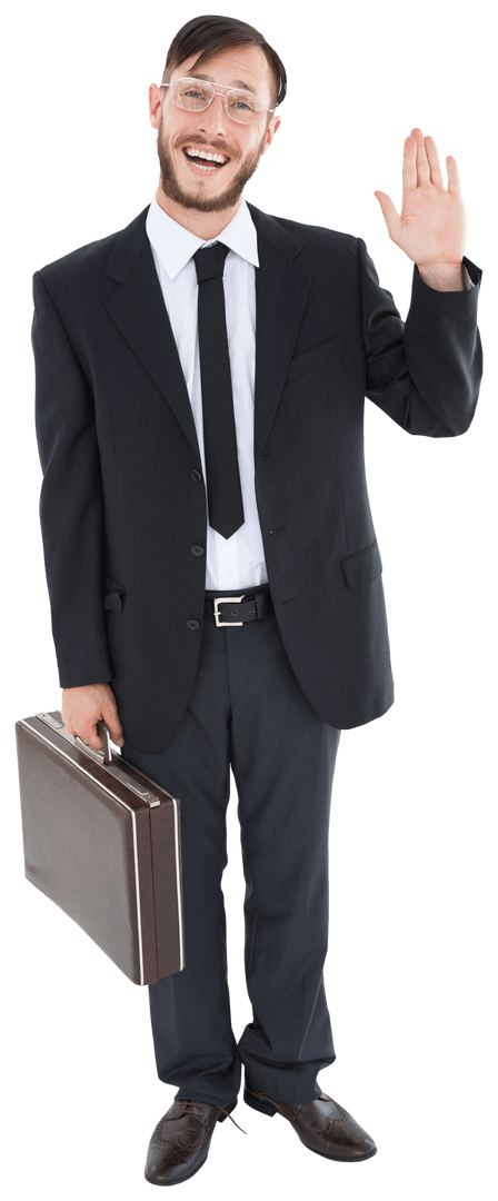 Transparent Cheerful Businessman Waving Holding Briefcase