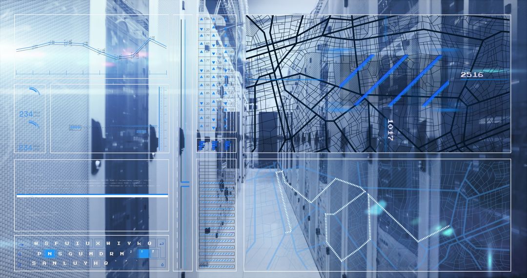 Futuristic Interface with Data Maps in Server Room