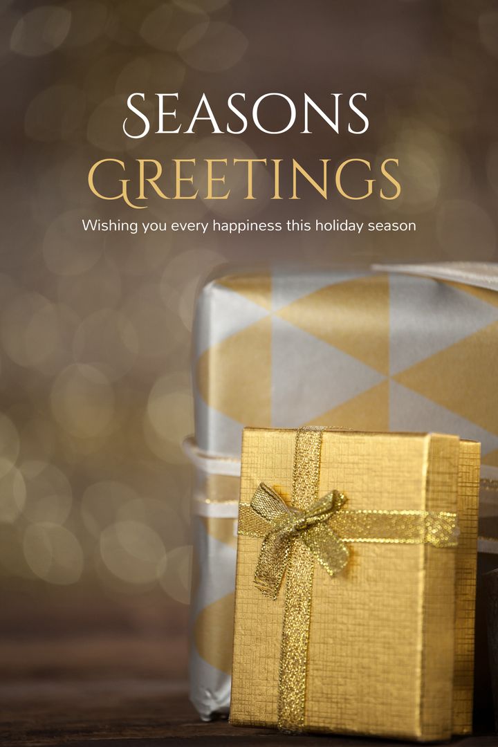 Holiday Wishes with Golden Gift Box and Sparkling Background