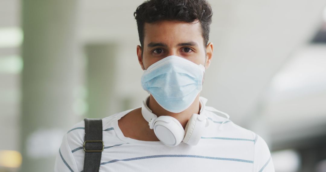 Young Man Wearing Face Mask and Headphones - Free Images, Stock Photos and Pictures on Pikwizard.com