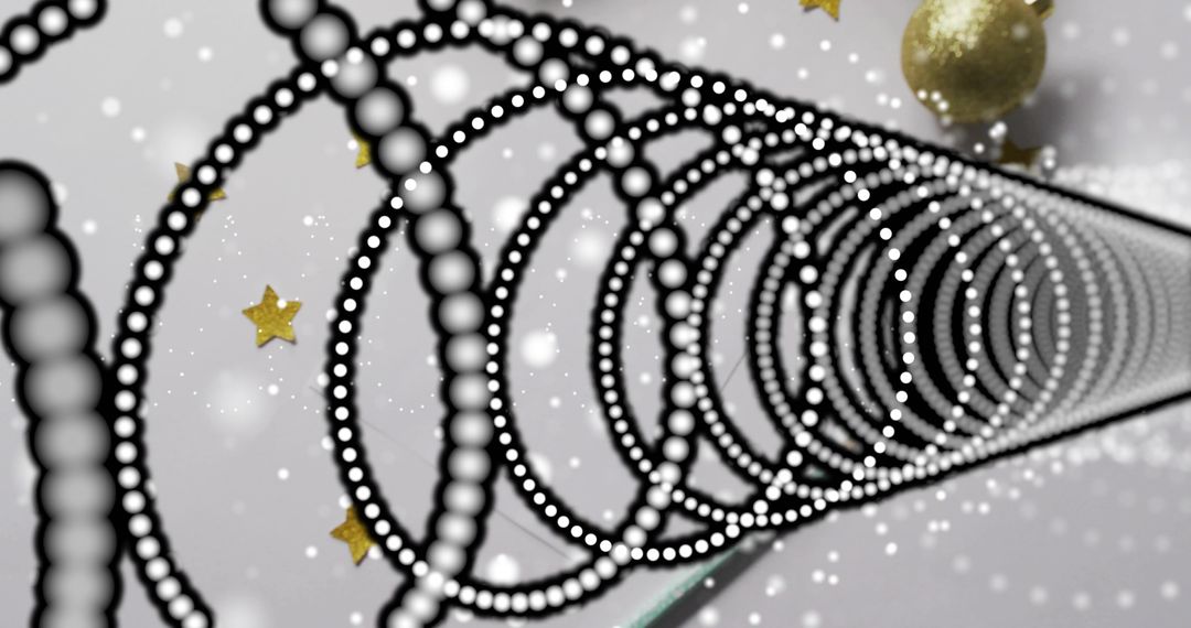 Spiraling Beaded Black Ring Helix with White Dots and Gold Stars Creating Abstract Depth