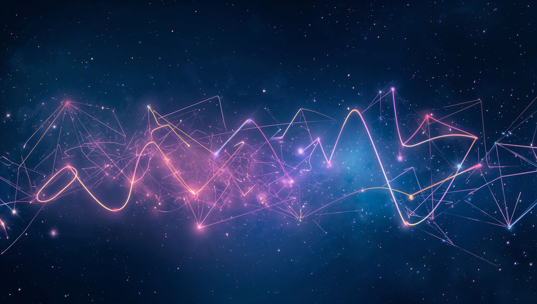 Sweeping neon waveform connecting glowing nodes across cosmic starfield with mesh network