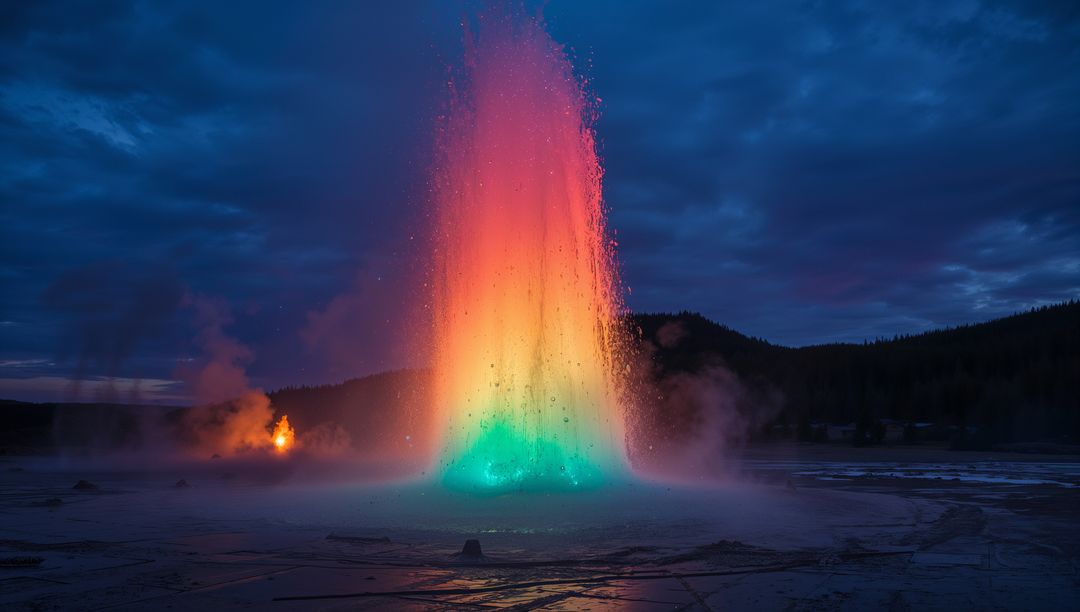 Rainbow-Lit Erupting Geyser at Dusk in Geothermal Hotspot