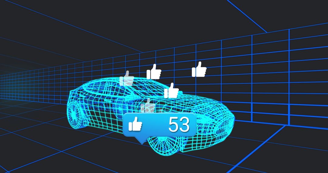 Futuristic Wireframe Sports Car with Likes in Digital Grid