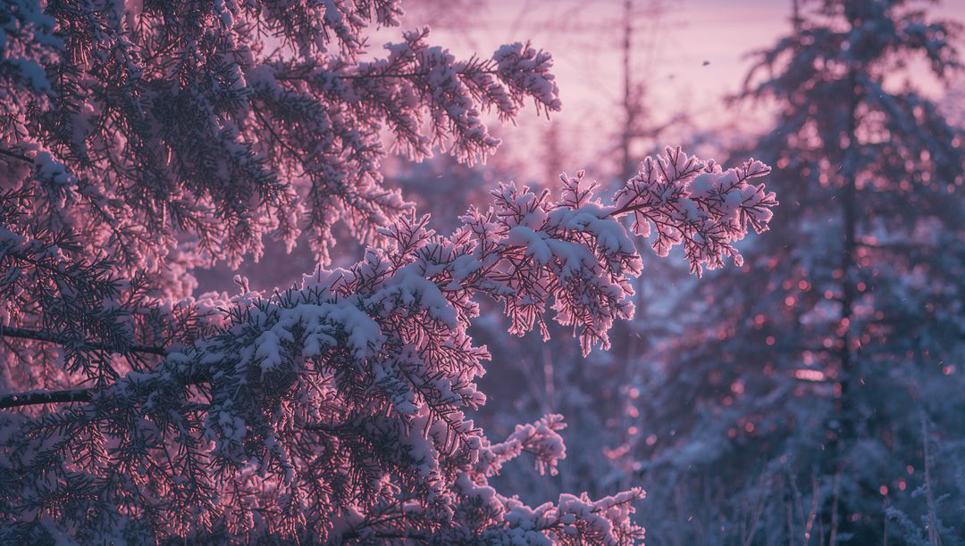 Sunrise Pink Backlight on Snow-Covered Spruce Branch with Frosty Needles and Bokeh