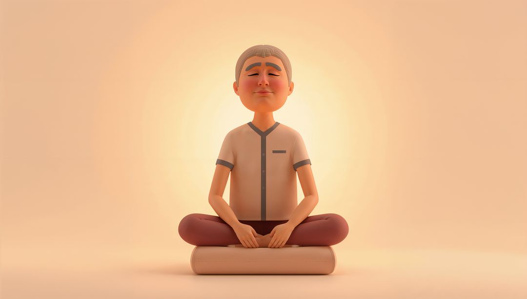 Senior man meditating on bolster with halo of calm, mindfulness and serenity