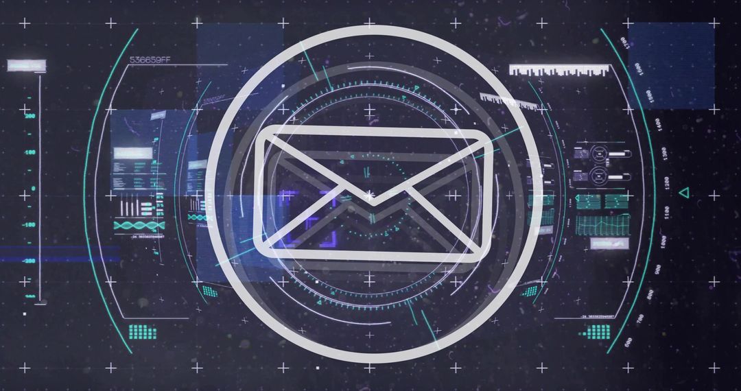 Rotating Holographic Envelope HUD Display with Neon Cyber Interface and Telemetry Rings