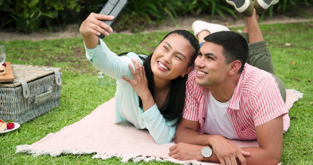 Smiling Couple Taking Selfie on Picnic Blanket in Park