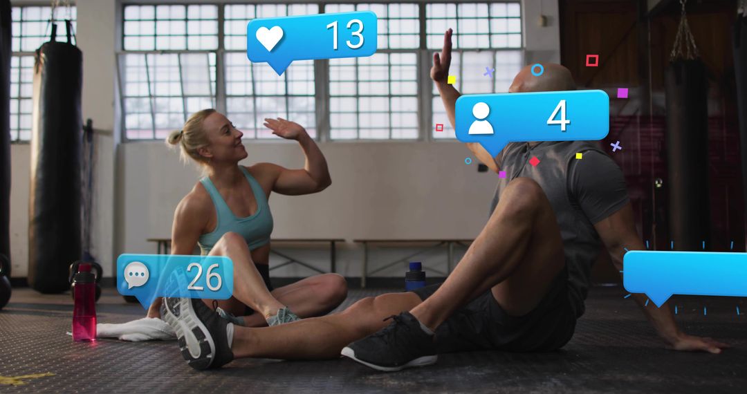 High-fiving Fitness Partners Taking Gym Break With Social Media Like and Comment Overlays