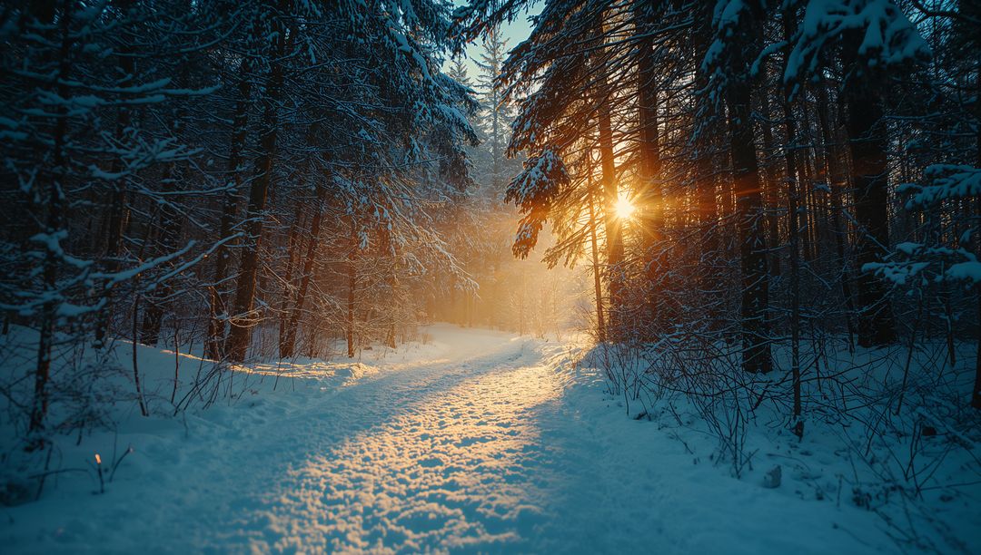 Idyllic Snowy Trail Through Sunlit Winter Forest